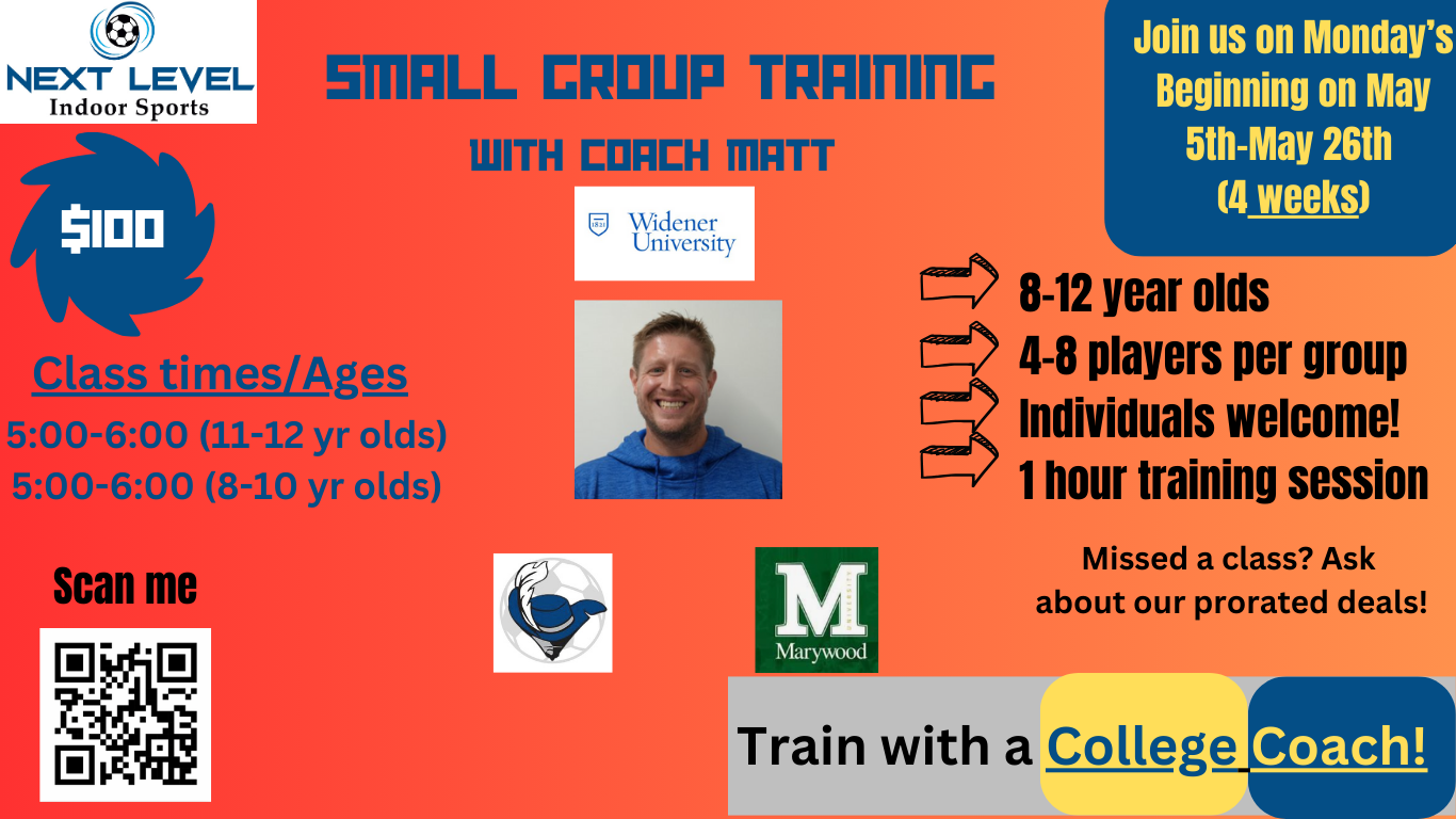An advertisement for small group training with coach matt at next level