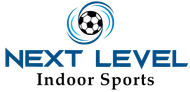A logo for next level indoor sports with a soccer ball in the middle.