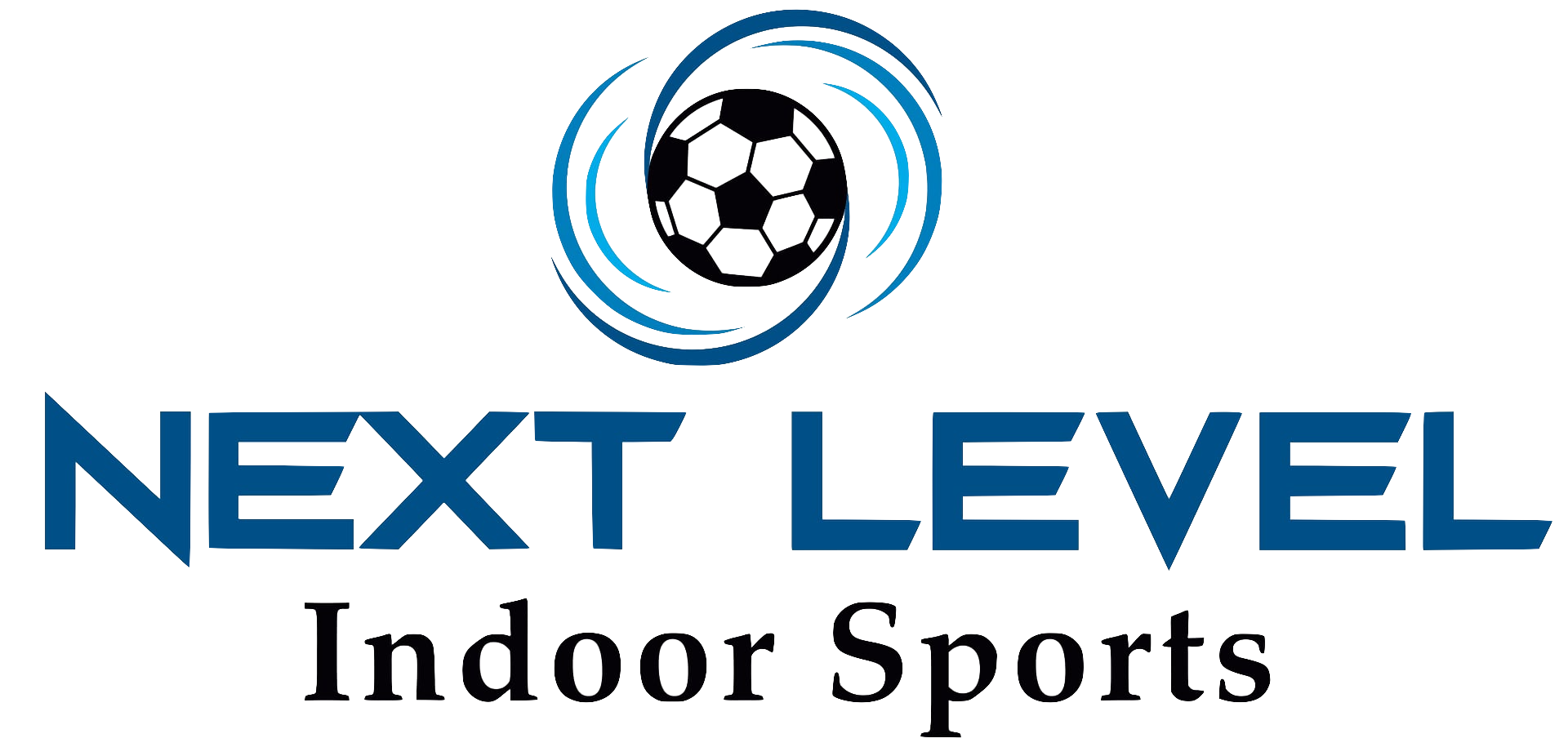 A logo for next level indoor sports with a soccer ball in the middle.