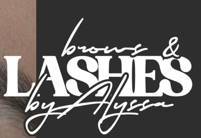 A logo for brows and lashes by Alyssa with a close up of a woman 's eye