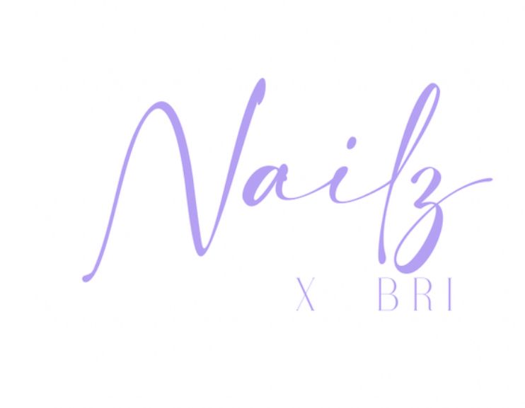 A purple logo for nails x bri on a white background.
