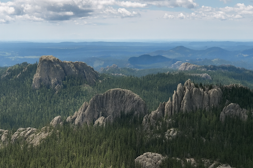 Black Hills rocky mountain peaks rise above a dense green forest under a cloudy sky.