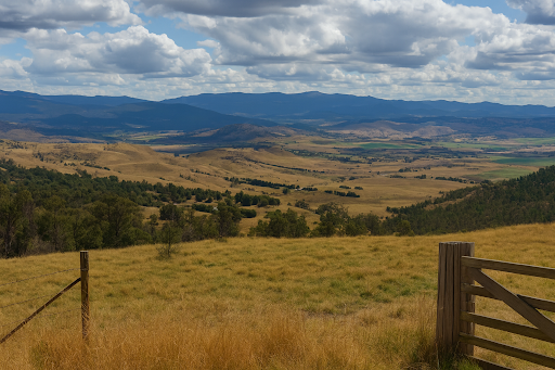 The rolling Black Hills and mountains under a cloudy sky, viewed from a grassy field with a fence.