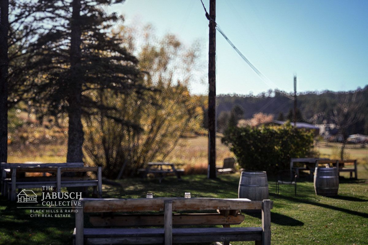 Wooden benches at Prairie Dog Taproom in grassy area, fall foliage in background, barrel tables, power line.