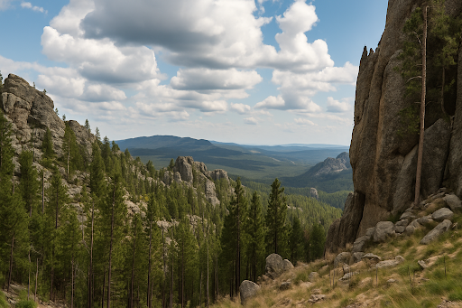 Black Hills mountain vista with green trees, rock formations, and a blue sky with white clouds.