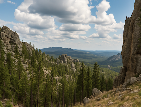 Mountain vista with pine trees, rock formations, and a partly cloudy blue sky.