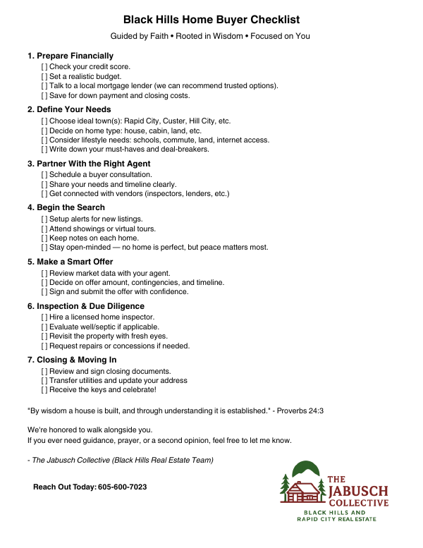 A black hills home buyer checklist is shown on a white background.