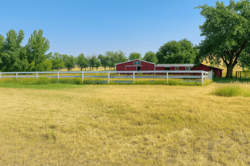 Red barn behind a white fence in a field of golden grass under a blue sky.