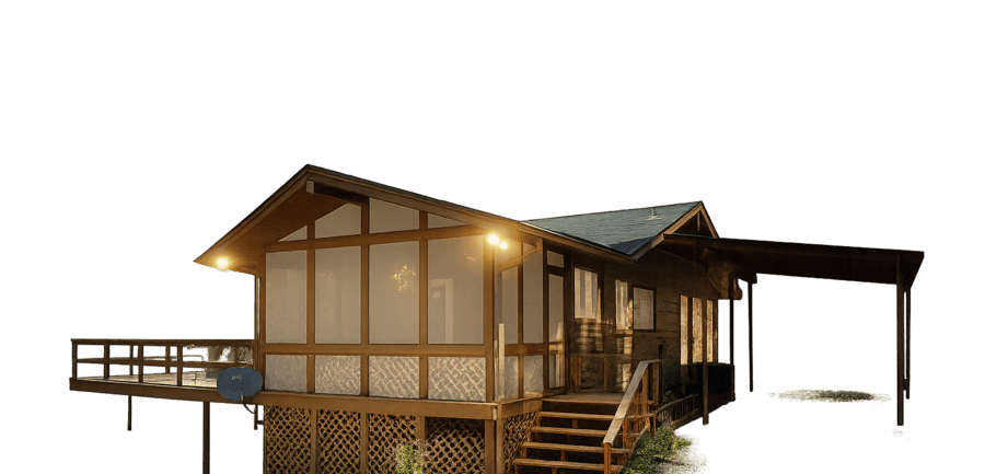 Wooden cabin in Hermosa, SD, with a deck and carport against a white backdrop.