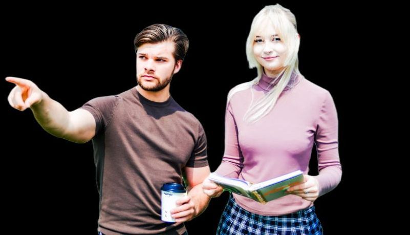 two real estate agents a man and a woman are talking to each other while the man is holding a clipboard.