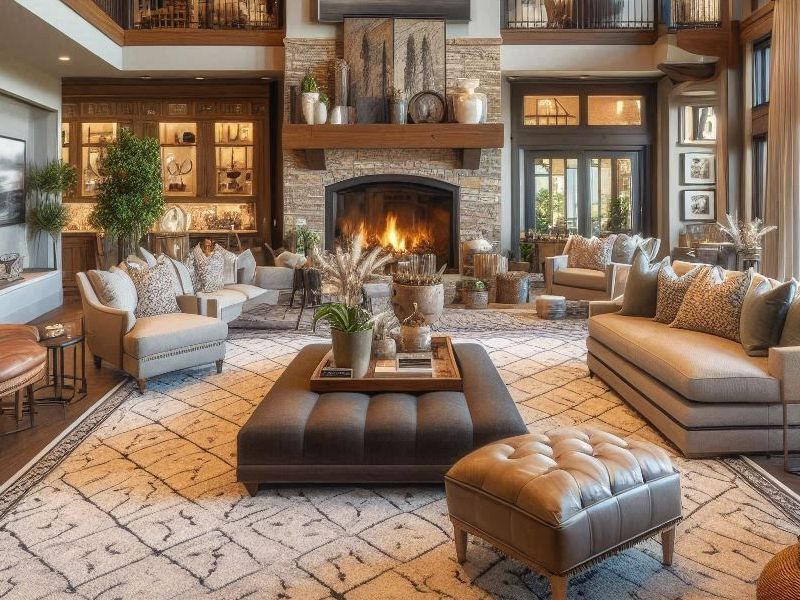 A living room filled with furniture and a fireplace being staged to be sold in Aspen