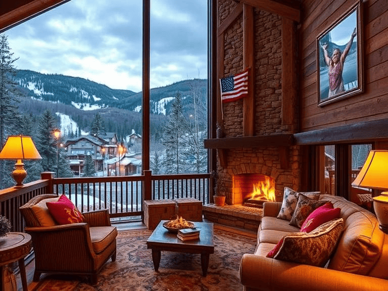 A living room in an Aspen timeshare with a fireplace and a view of mountains