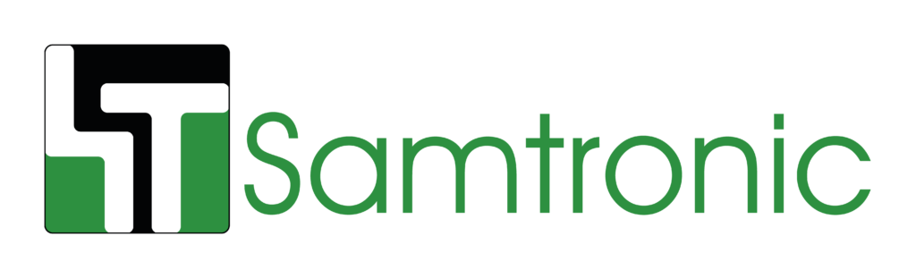 Samtronic logo, green text, stylized