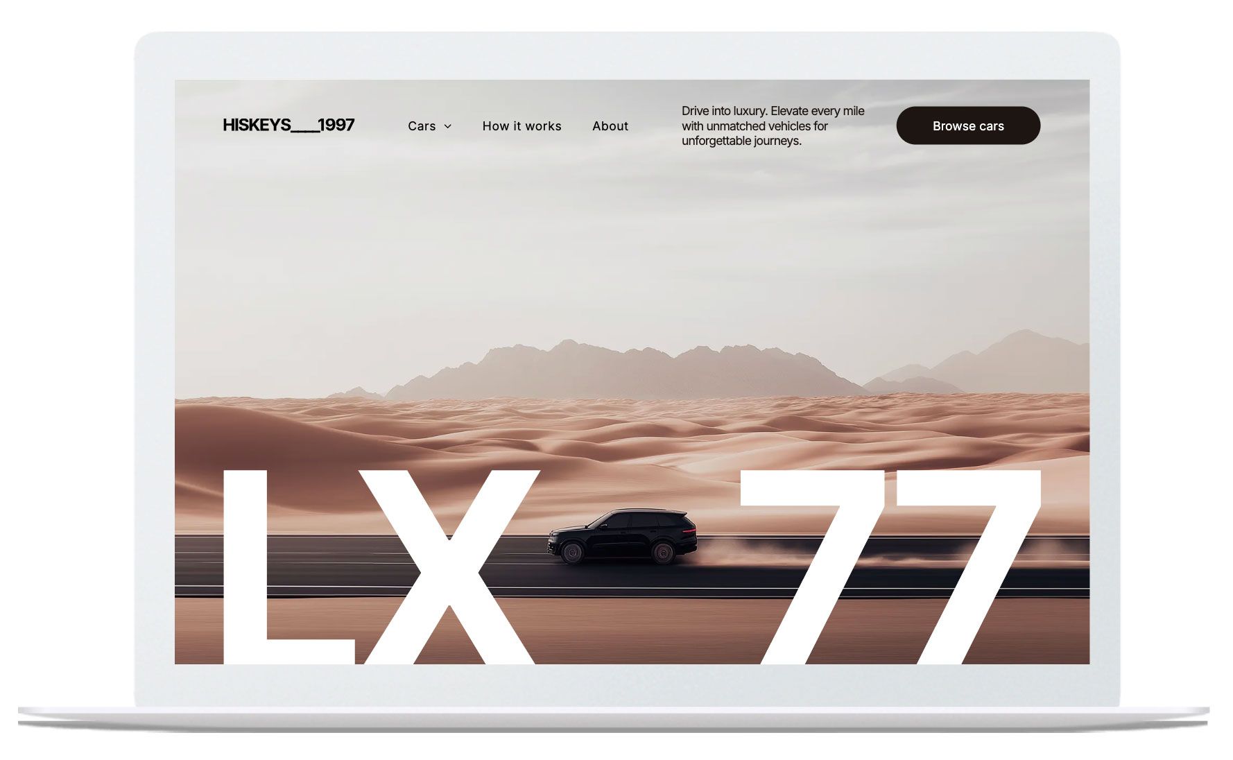 Pubblicità sul sito web di Hiskeys 1997, raffigurante un'auto nera in un paesaggio desertico.