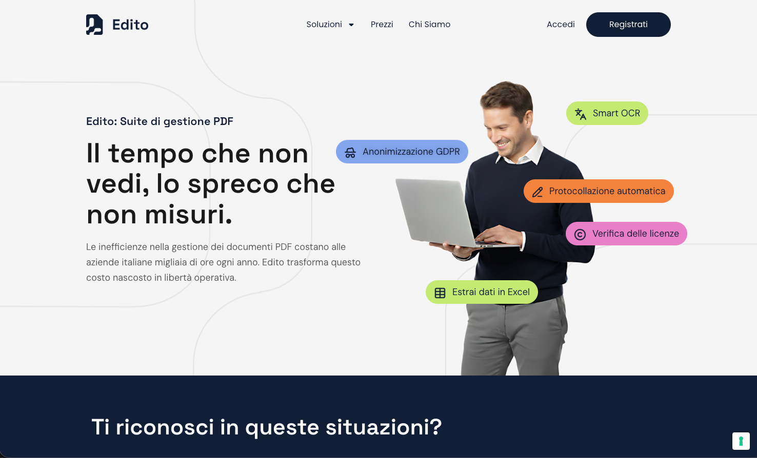 Immagine principale del sito web: un uomo con un computer portatile e dei fumetti. Titolo: