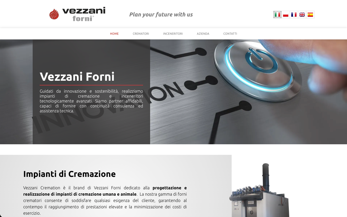 Homepage del sito web di Vezzani Forni. Una mano preme un pulsante su una macchina metallica. Il testo recita
