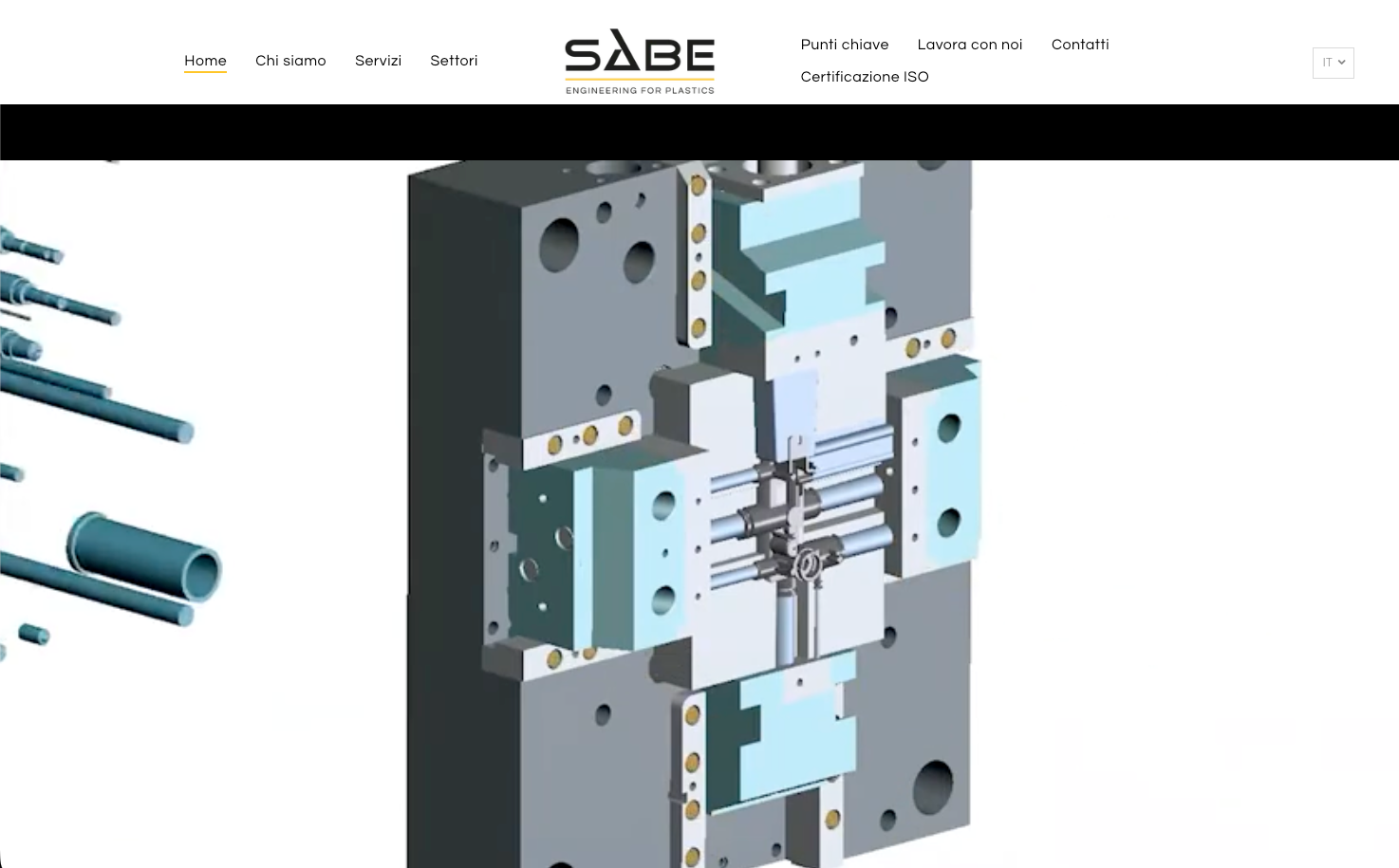 Sezione trasversale di uno stampo a iniezione con componenti blu e grigi, design complesso per la produzione.