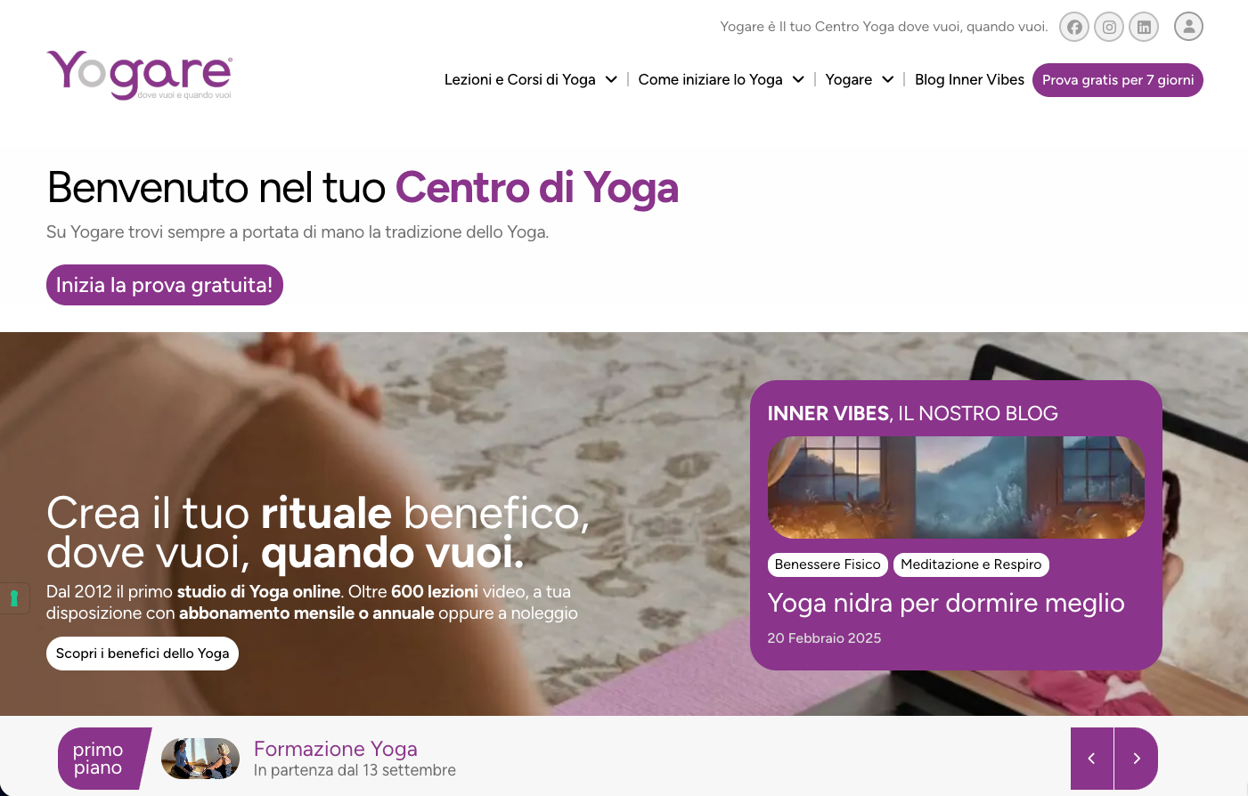 Homepage del sito web con il logo Yogare e testo su un centro yoga.