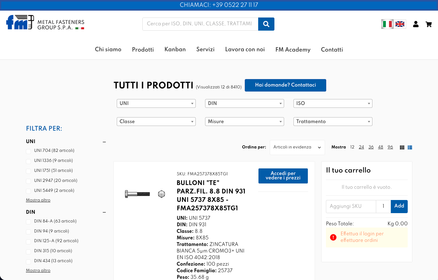 Schermata del sito web che mostra i risultati della ricerca del prodotto con filtri e una scheda con i dettagli del prodotto.