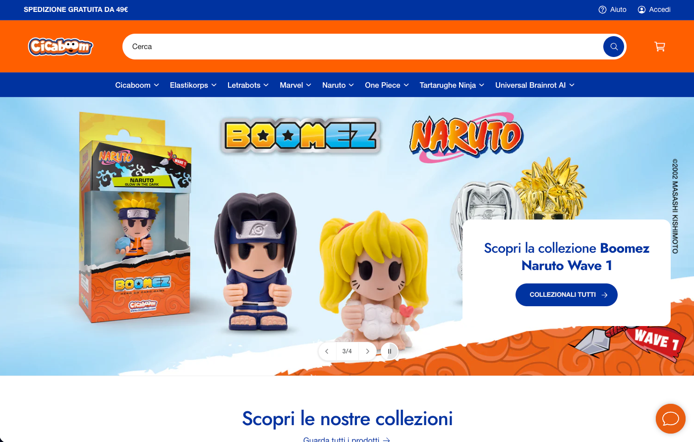 Homepage del sito web con gadget di Naruto e oggetti da collezione Boomz.