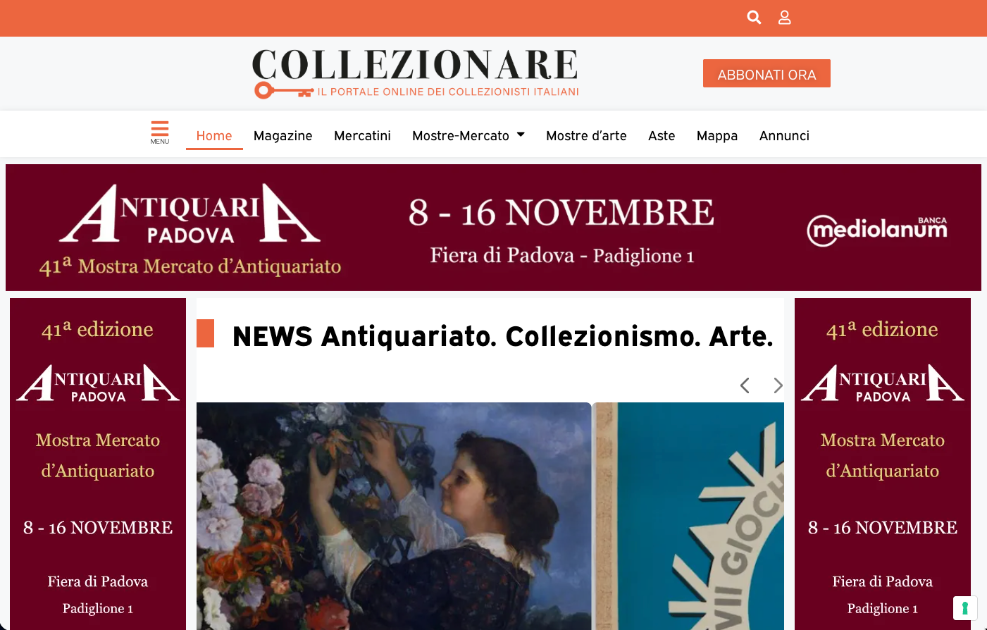 Homepage del sito web che promuove una fiera dell'antiquariato a Padova, Italia, dall'8 al 16 novembre.