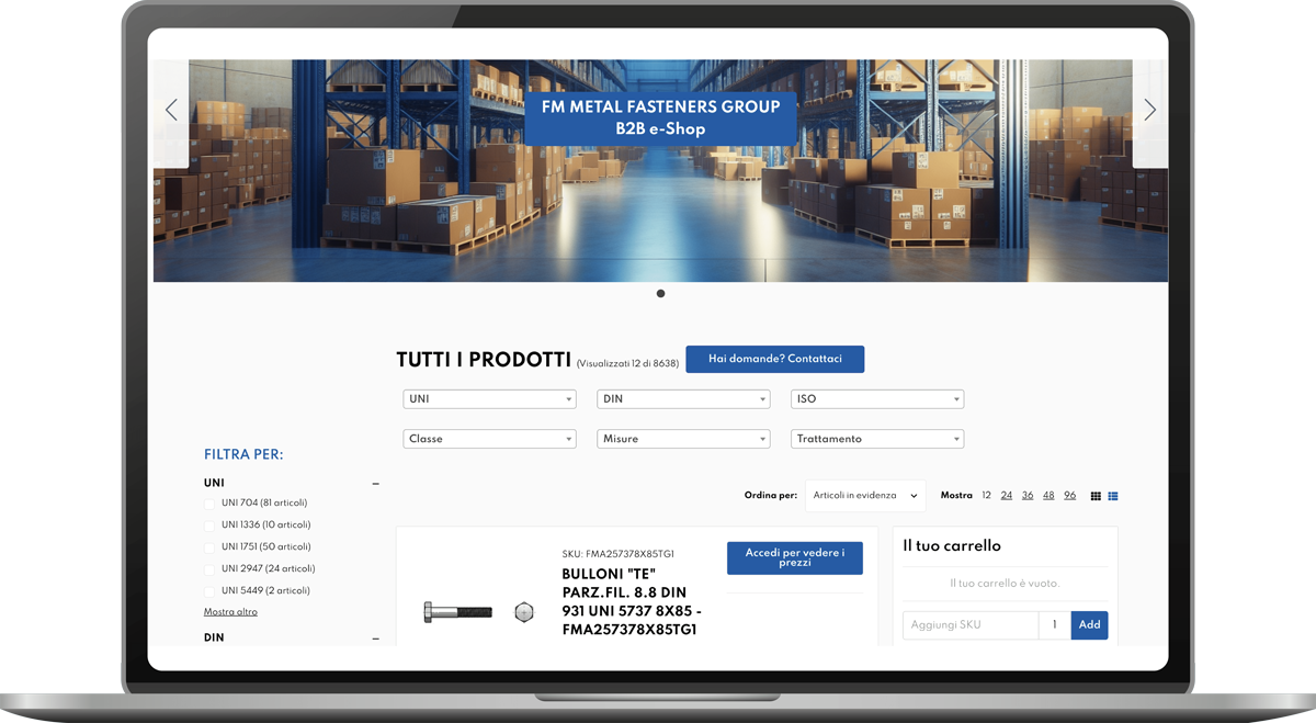 Sito web e-commerce che presenta elementi di fissaggio, con filtri di ricerca e visualizzazione dei prodotti.