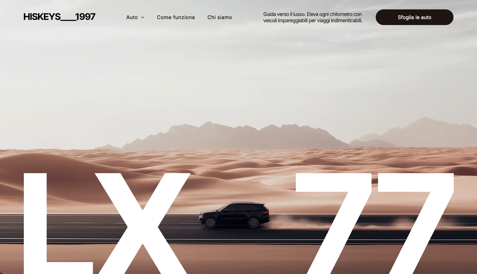 Grafica LX 77 con un SUV nero che percorre una strada in un paesaggio desertico.