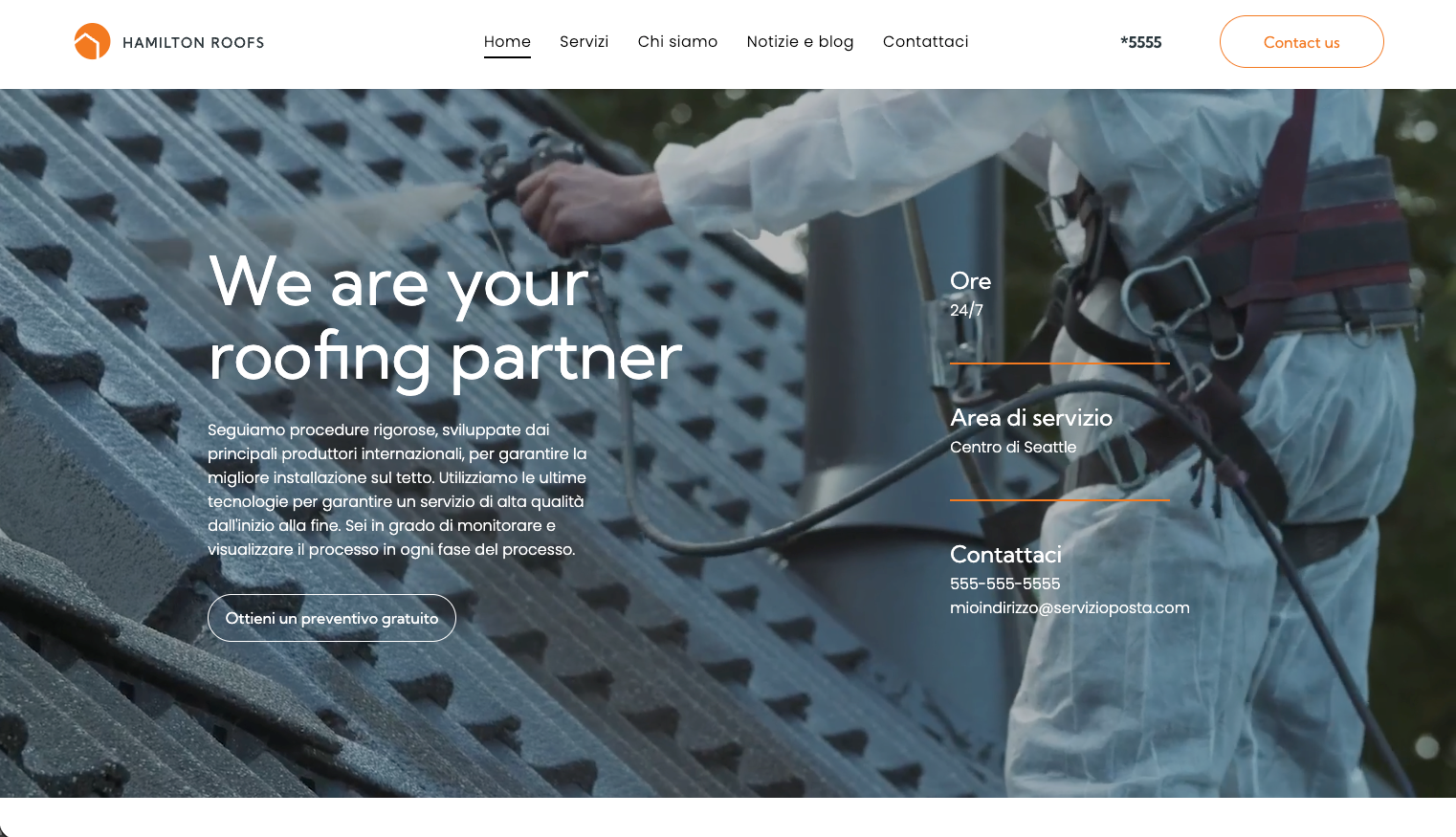 Persona in tuta protettiva che spruzza vernice su un tetto; testo