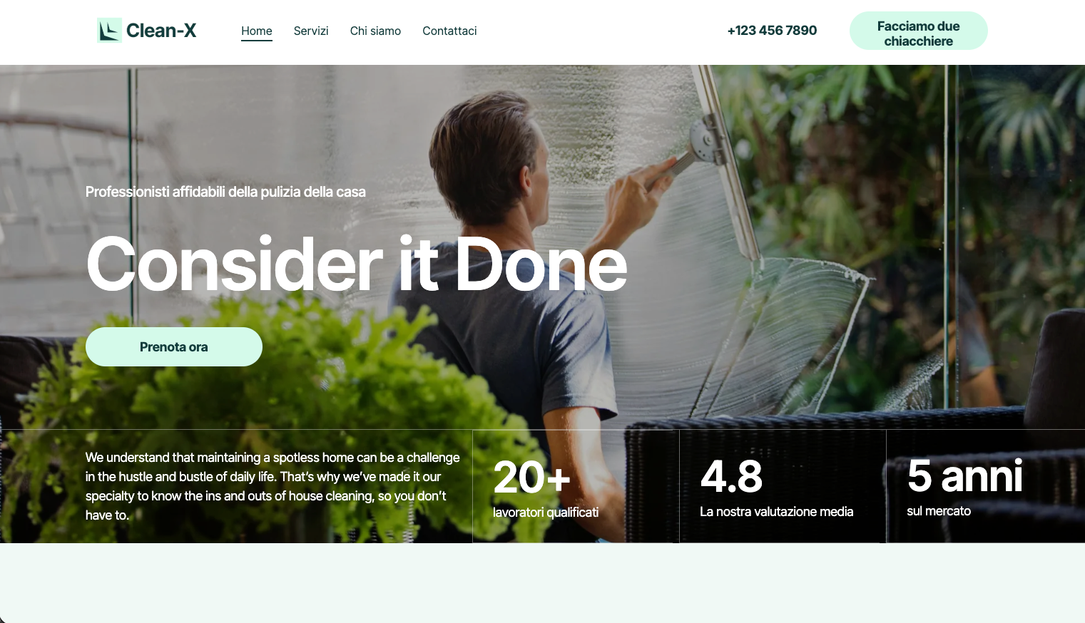 Uomo che pulisce una finestra con il verde. Testo sovrapposto
