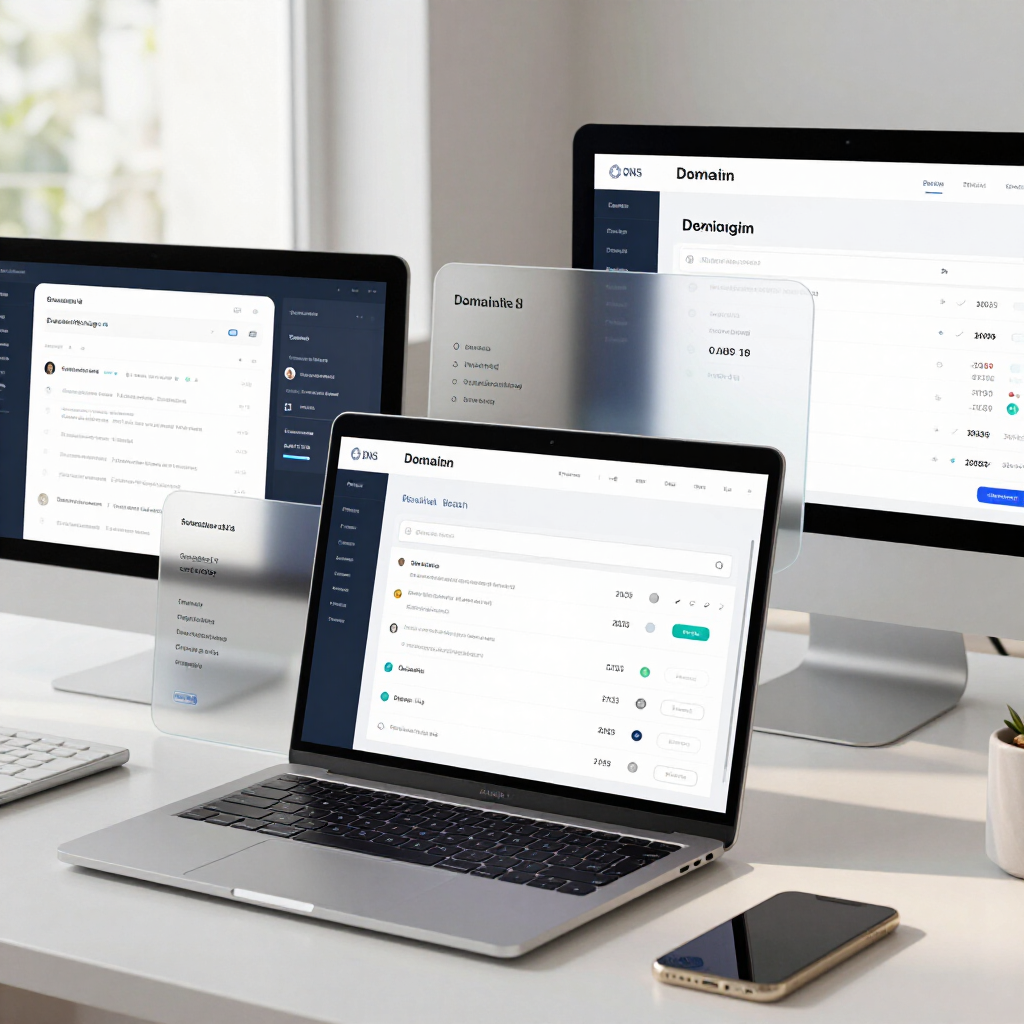 Laptop, tablet, and desktop showing a clean business dashboard on a bright desk