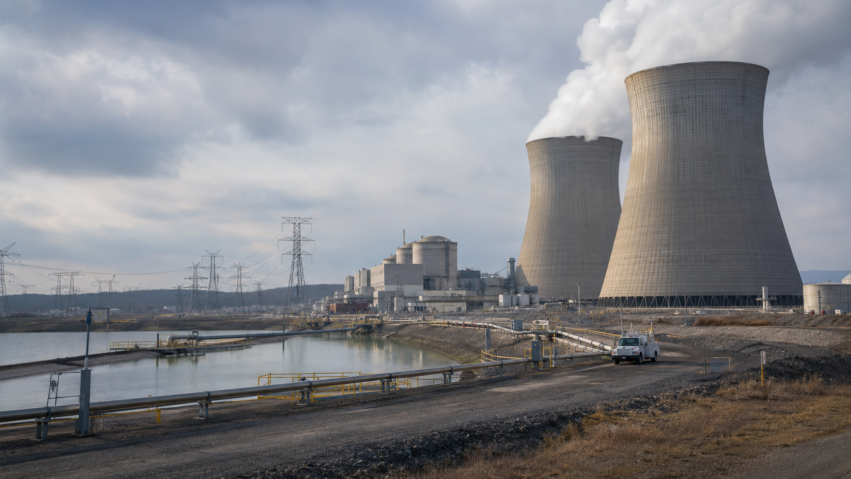 A wide exterior shot of a large power generation facility