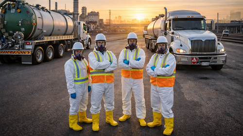US Waste Industries hazardous waste transportation team with DOT-compliant tanker trucks