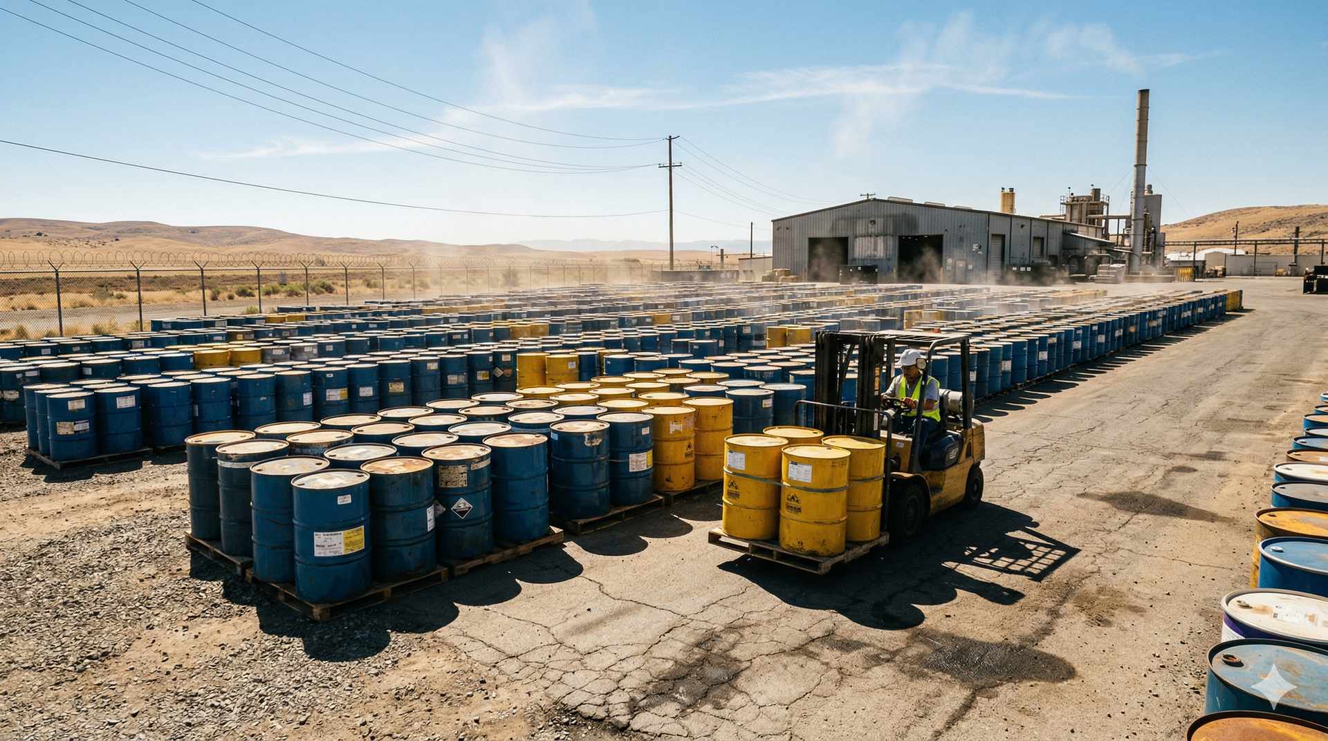 Industrial waste drums in high heat with visible vapor indicating pressure and odor risk