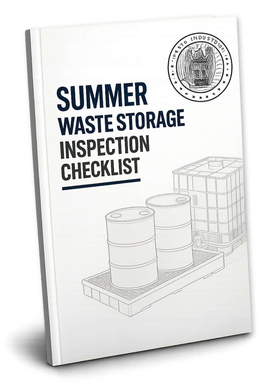 Checklist cover showing industrial waste storage inspection guide for summer conditions