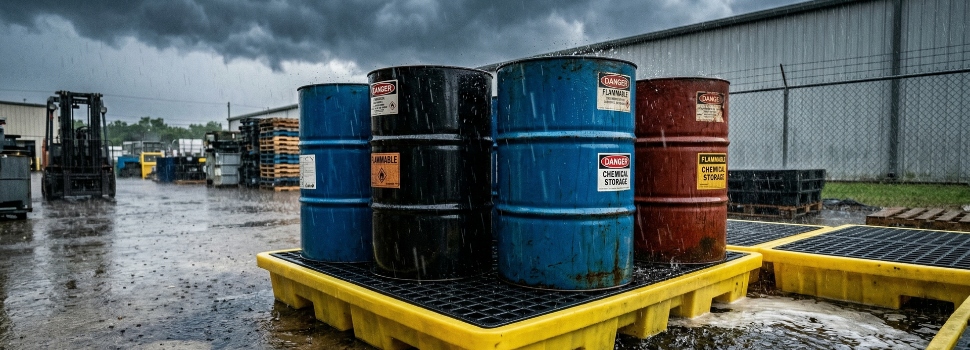 Industrial containers in storm conditions highlighting outdoor storage exposure risks