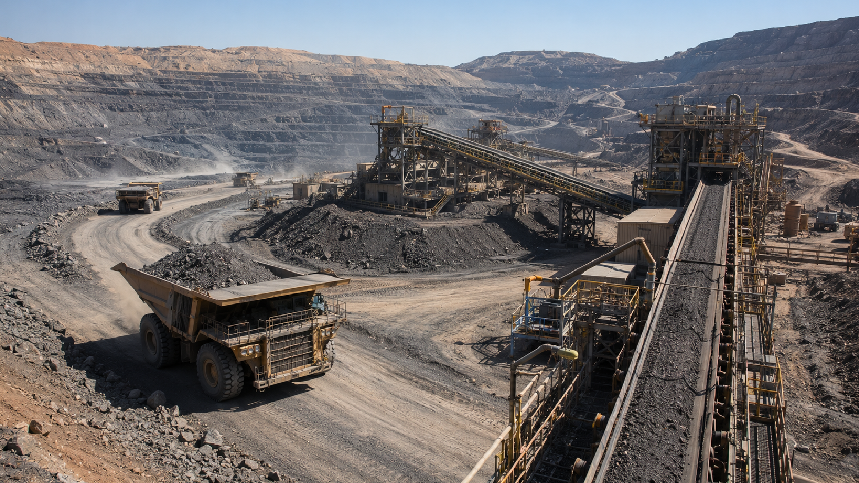 Active open pit mining operation with heavy dump trucks, terraced pit walls, and ore processing conveyor infrastructure