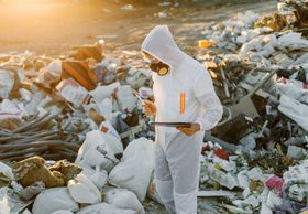 Hazmat technician inspecting and documenting waste materials for compliant disposal