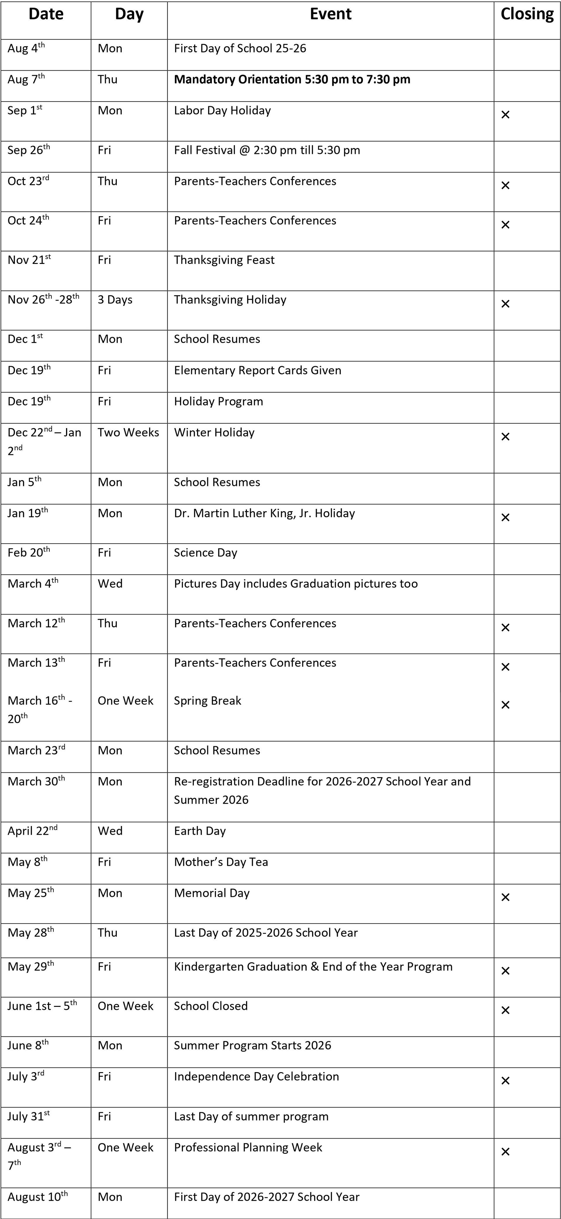 Academic Calendar 2025-2026