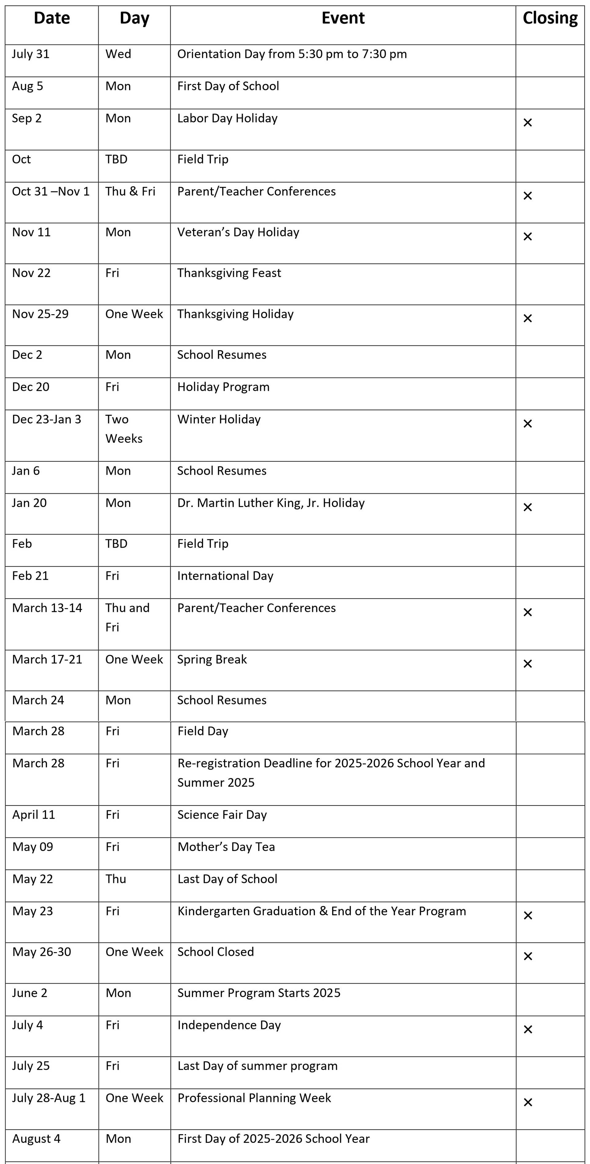  Academic Calendar 2024-2025