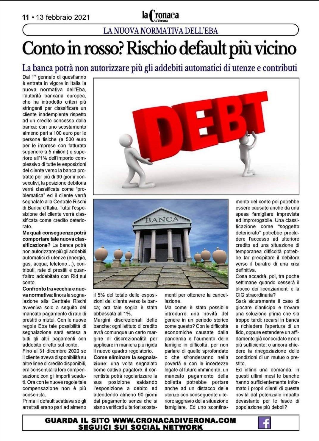 A newspaper article titled conto in rosso ? rischio default più vicino