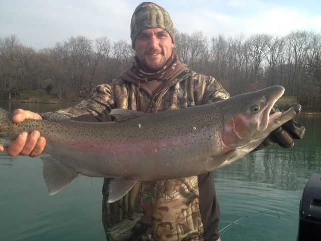 A man is holding a large rainbow trout in his hands.