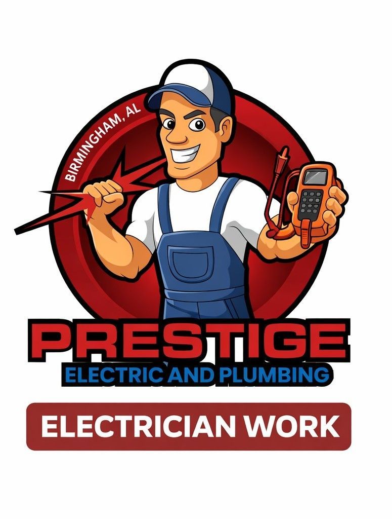 Logo for Prestige Electric and Plumbing. Man holding green charger, EV charger in background.