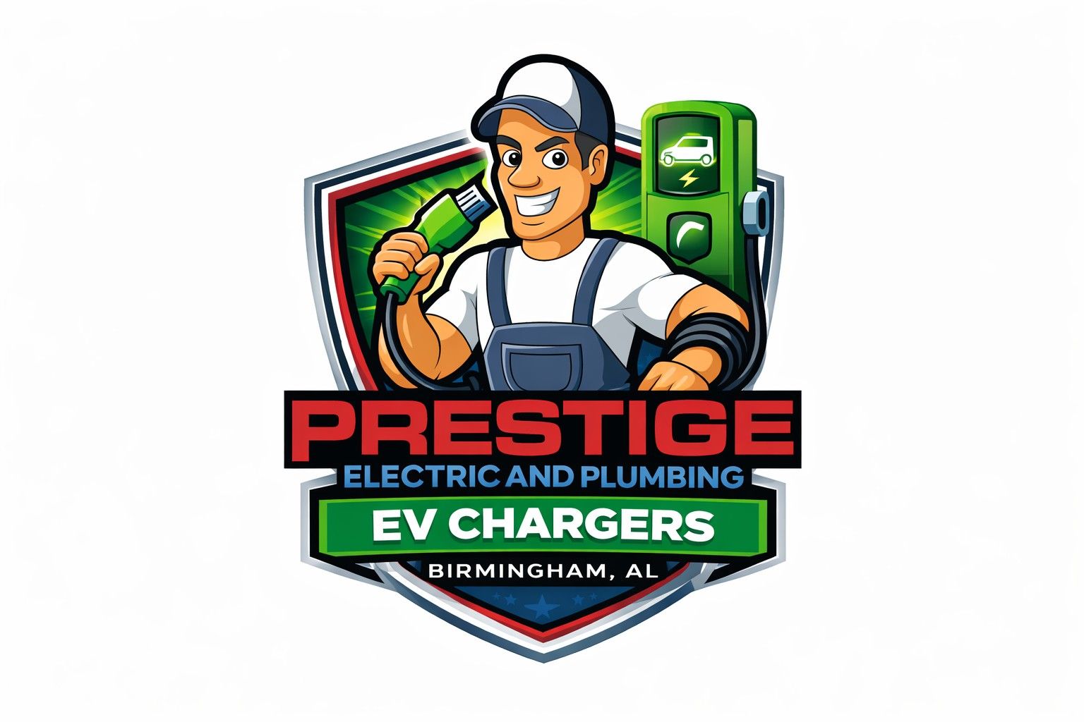 Logo for Prestige Electric and Plumbing. Man holding green charger, EV charger in background. 