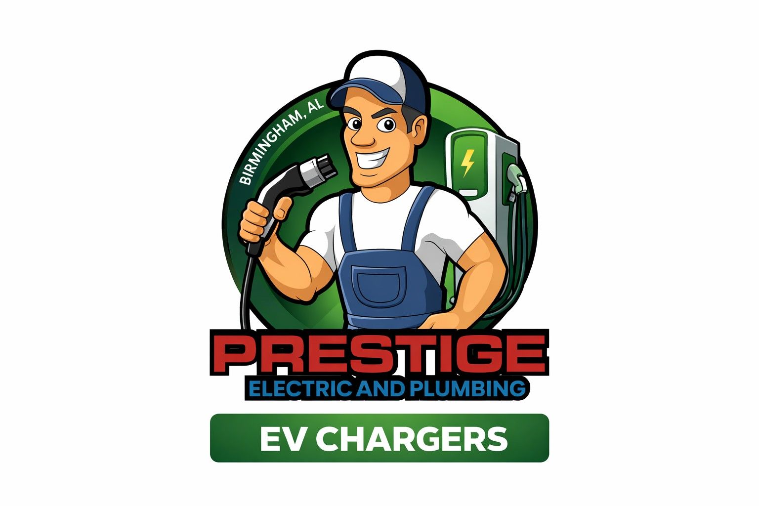 Logo: Man with EV charger, green circle, 