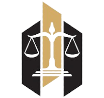 A black and gold logo for a law firm with a scale of justice.