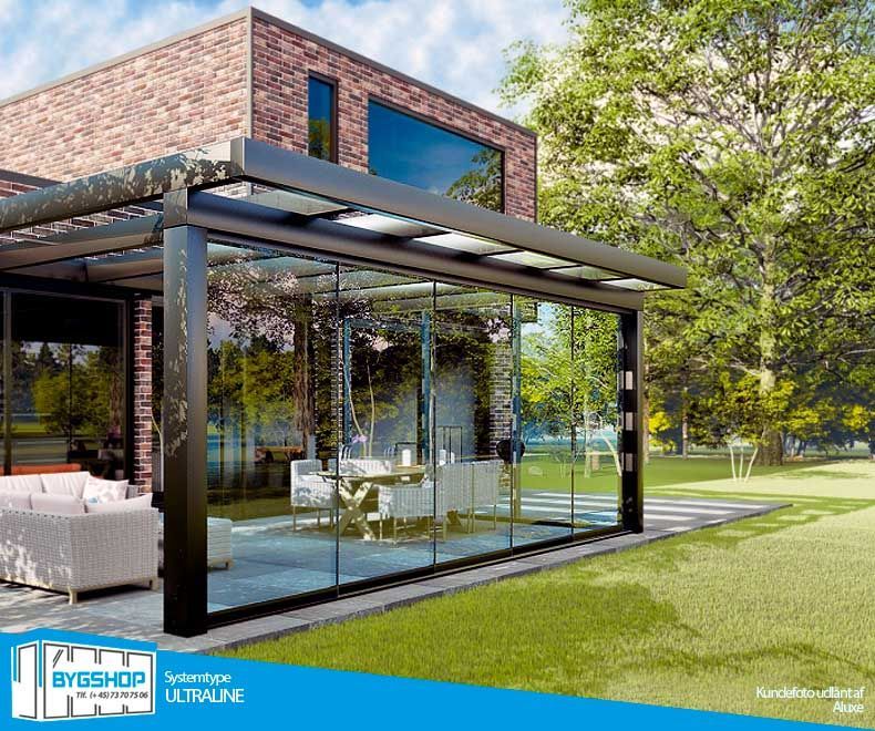 Ultraline overdækning, set fra venstre, glas og alu overdækning