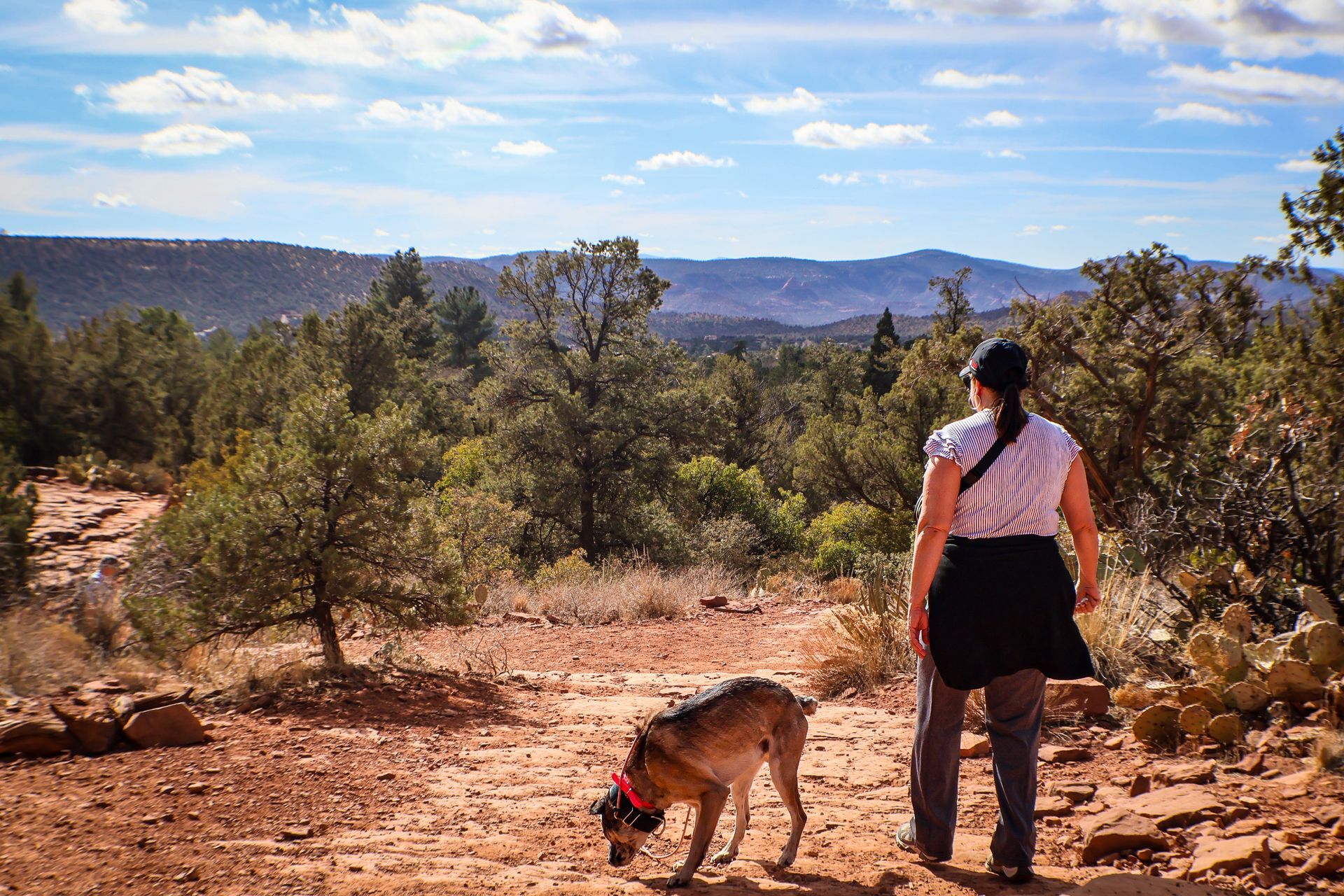 A woman is walking her dog on a dirt path.
