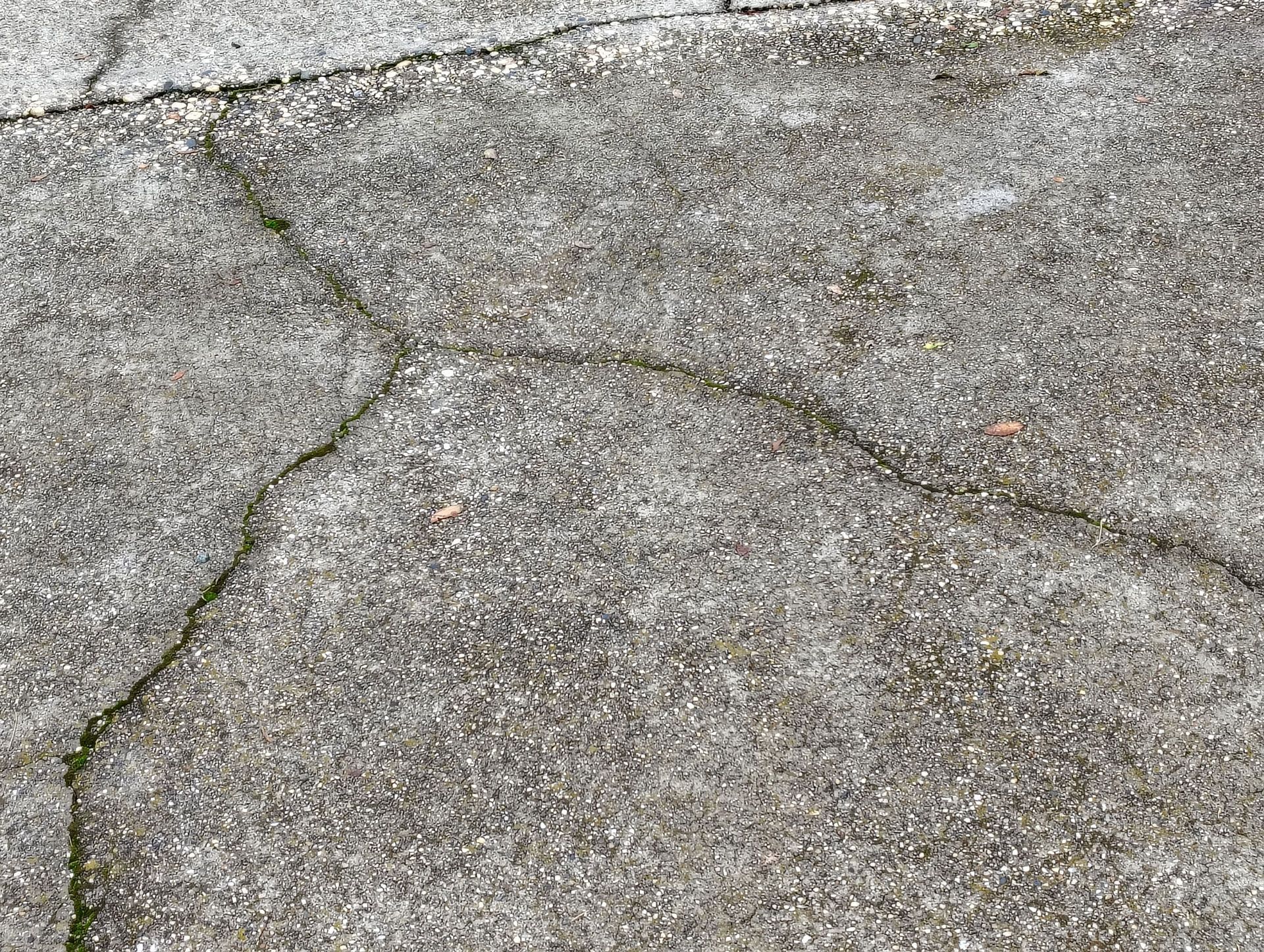 Cracked gray concrete surface with visible fissures and small pebbles.