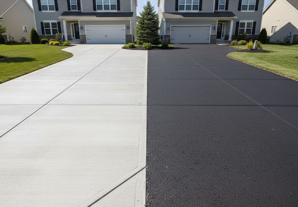 A driveway, split down the middle, showing a light gray concrete side and a black asphalt side in front of two houses.