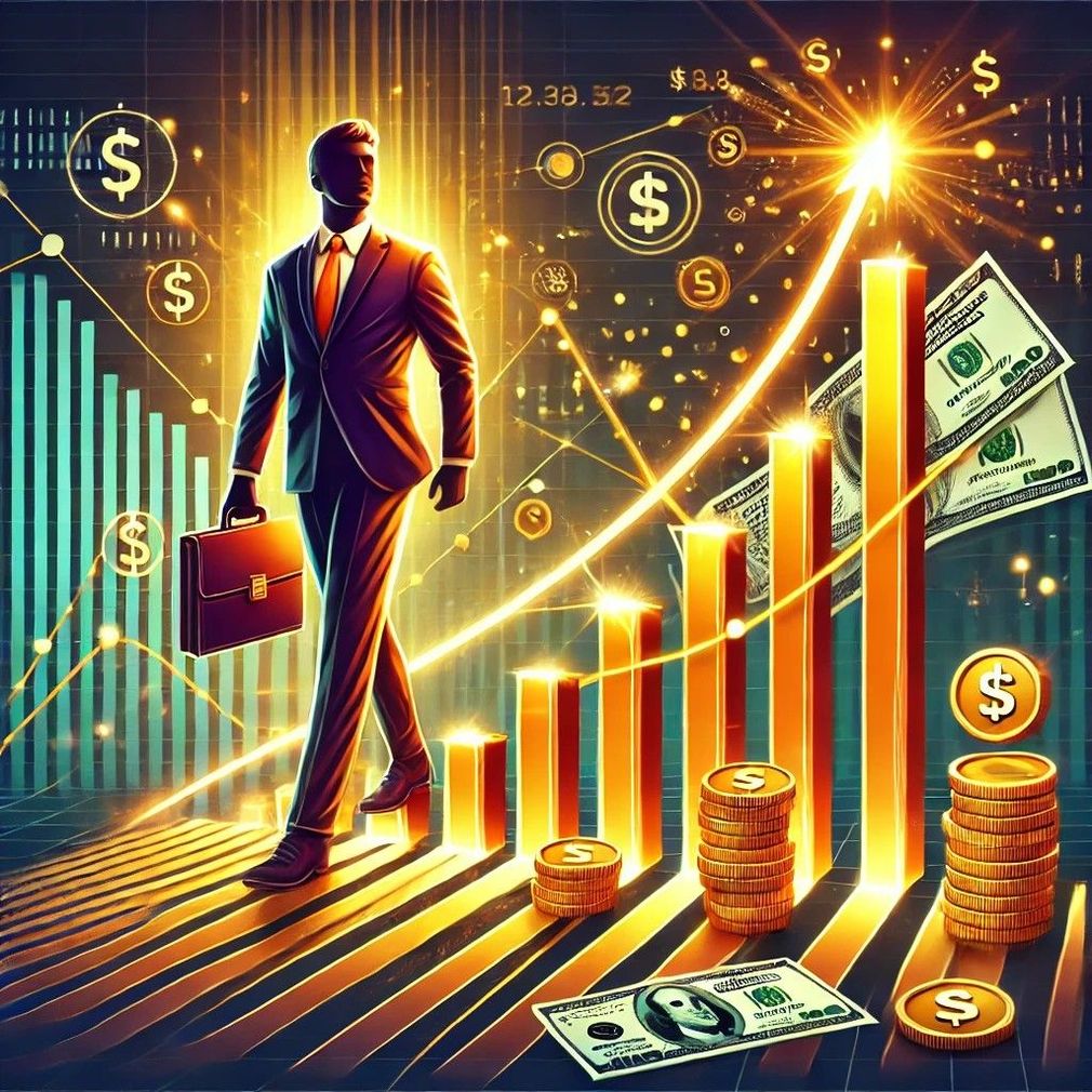 A man in a suit is holding a briefcase and walking on a graph of money.